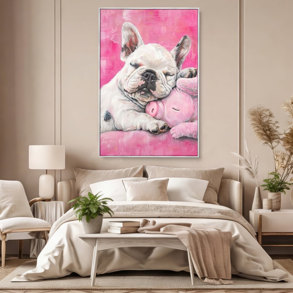Tablou canvas cu pictura cu bulldog si porcusor, in rama de aluminiu argintiu, pe perete intr-un dormitor